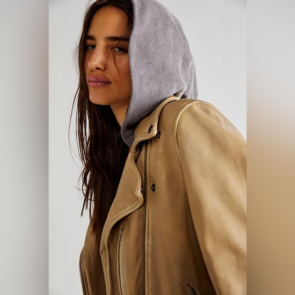 NWOT FREE PEOPLE We The Free Bandit Leather Hooded Moto Jacket MRSP $648 Size L - Picture 3 of 14